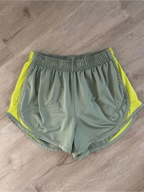 Nike Women's Athletic Running Shorts - Sage Green with Neon Yellow Trim Size S